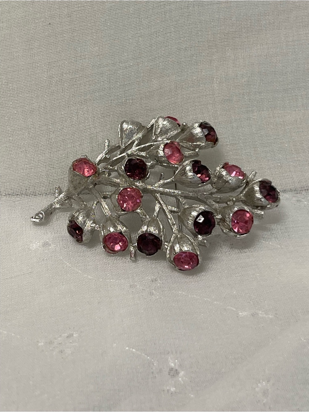 Vintage Sarah Coventry Silver-Tone Wisteria Brooch with Pink & Purple Rhinestone